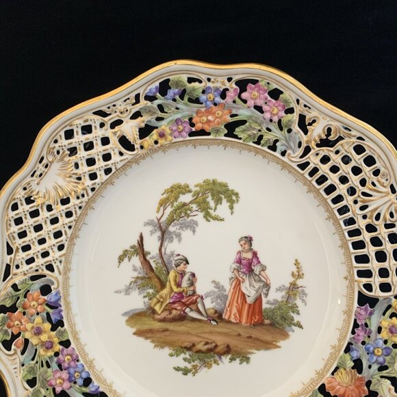 Helena Wolfsohn Reticulated Plate 8.5" Watteau Couple Scene Dresden Germany 3 - Picture 3 of 8